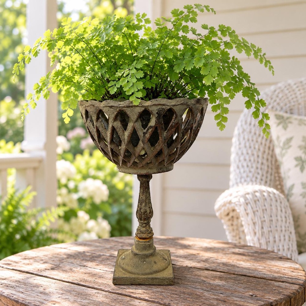Wrought Iron Pedestal Bowl Lattice Compote with Scalloped Rim Distressed Country